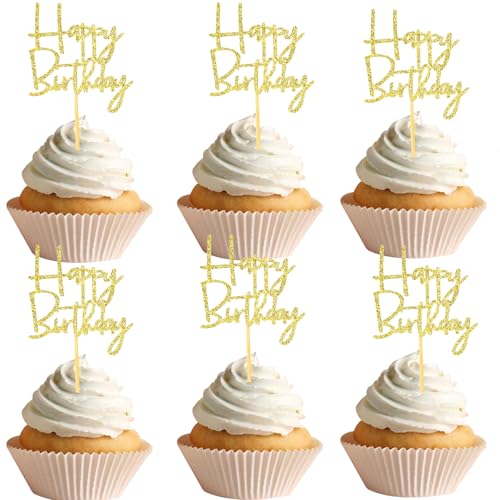 DazzJoy Happy Birthday Tortendeko Gold,24 Stück Happy Birthday Cupcake Topper,Glitzer Muffin Deko Happy Birthday Cupcake Deko,Kuchen Deko Geburtstag,Cupcake Topper Geburtstag Deko Muffin von Dazzjoy