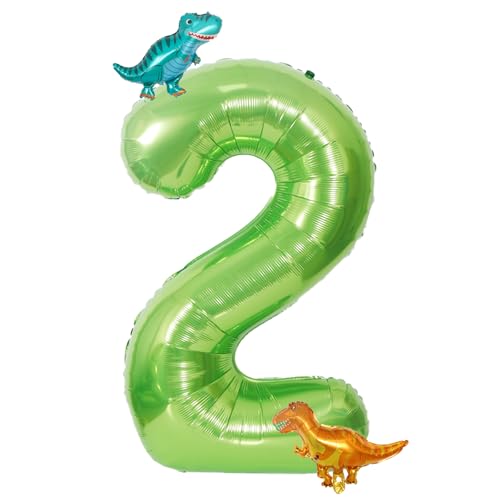 Dino Zahlen Luftballon 2. Geburtstag,40 Zoll Grün Zahlenballon 2 mit Dino Folienballon, Geburtstagsdeko 2 Jahre Junge Mädchen, Dino Zahlen Helium Ballon 2, Ballons 2 für Geburtstag Jubiläum Party Deko von Dazzjoy