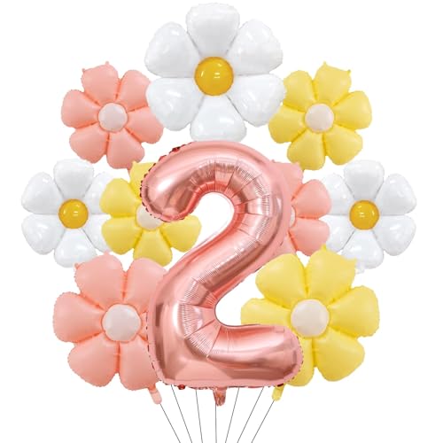 DazzJoy Gänseblümchen Geburtstagsdeko 2 Jahr Mädchen: 9 Stück Aluminiumfolien Ballon-Set, Rosa, Gelb, Weiß, für 2-jährige Mädchen, Geburtstag, Kinder, unisex von Dazzjoy