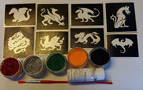 Drache Themen Glitter Tattoo-Set mit Schablonen + Glitzerkleber Jungen Kinder Geburtstagsgeschenk von Dazzle Glitter Tattoos