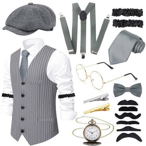 10pcs 1920s Mens Costume Set for Adult, Roaring Retro 20s Gatsby Gangster Costume Outfit with Vest Octagonal Hat Bow Tie Cuffs Glasses Beard Tie clip Suspenders Pocket Watch for Party Supplies von Dazzroi