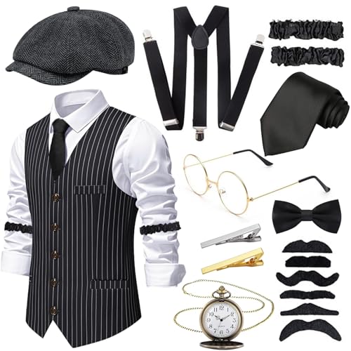 10pcs 1920s Mens Costume Set for Adult, Roaring Retro 20s Gatsby Gangster Costume Outfit with Vest Octagonal Hat Bow Tie Cuffs Glasses Beard Tie clip Suspenders Pocket Watch for Party Supplies 10pcs 1920s Mens Costume Set for Adult, Roaring Retro 20s Gatsby Gangster Costume Outfit with Vest Octagonal Hat Bow Tie Cuffs Glasses Beard Tie clip Suspenders Pocket Watch for Party Supplies von Dazzroi