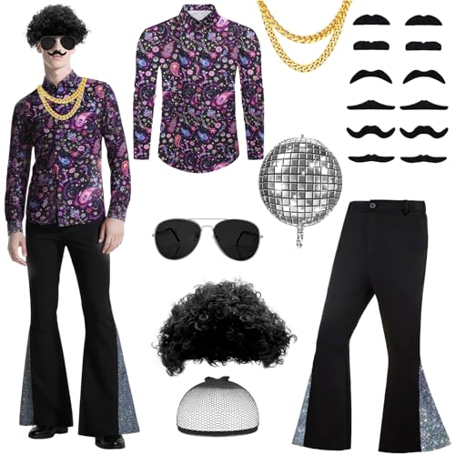18pcs Set 70s Disco Costume Set, Hippie Men Outfit Fancy Dress Set with Flared Pants Shirt Wig Wig Headgear Fake Beard Gold-rimmed Glasses Gold Necklace Inflatable Disco Balloon for Carnival Halloween von Dazzroi