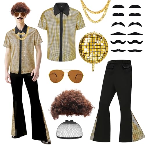 18pcs Set 70s Disco Costume Set, Hippie Men Outfit Fancy Dress Set with Flared Pants Shirt Wig Wig Headgear Fake Beard Gold-rimmed Glasses Gold Necklace Inflatable Disco Balloon for Carnival Halloween von Dazzroi