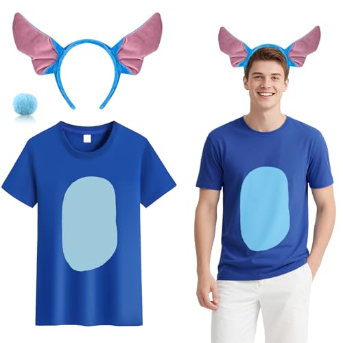 3-teiliges Tierkostüm-Set für Erwachsene, Cartoon-Kostüm-Set mit blauem T-Shirt-Stirnband, pelzigem Schwanz, niedliches Cosplay-Zubehör für Halloween, Party, Verkleidungstag, Karneval, Welttag des 3-teiliges Tierkostüm-Set für Erwachsene, Cartoon-Kostüm-Set mit blauem T-Shirt-Stirnband, pelzigem Schwanz, niedliches Cosplay-Zubehör für Halloween, Party, Verkleidungstag, Karneval, Welttag des von Dazzroi