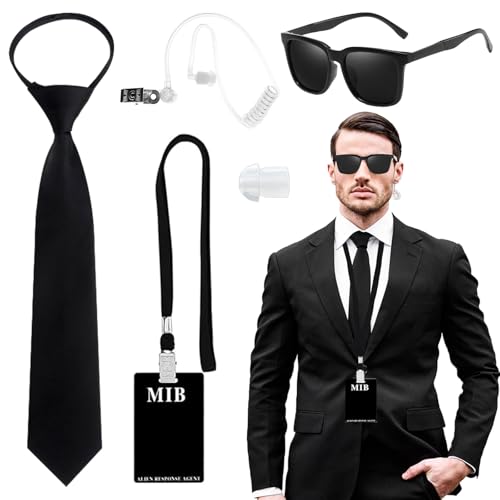 4-teiliges Agenten Kostümsets Set, Geheimagenten-Kostümset mit Ausweis-Requisiten-Lanyard, Falschem Ohrhörer, Kabelbinder, Schwarzer Sonnenbrille für Erwachsene, Karneval, Halloween, Verkleidungsparty von Dazzroi