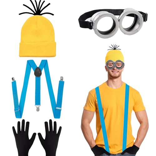 4-teiliges Cosplay-Kostümzubehör für Erwachsene Mit Gelber Beanie-Strickmütze, Schwarzen Handschuhen, Grauer Steampunk-Schutzbrille und Blauem Schultergurt für Halloween Zum Welttag Des Buches von Dazzroi