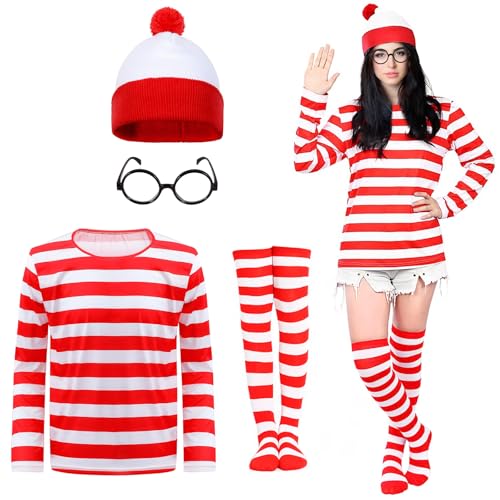 4-teiliges Frauen-Kostüm-Set, Cosplay-Zubehör-Set mit roten und weißen Streifen, langärmeliges Oberteil, Bommelmütze, Strümpfe, schwarze Nerd-Brille, 90er-Jahre-Kostüm für den Welttag des Buches, 4-teiliges Frauen-Kostüm-Set, Cosplay-Zubehör-Set mit roten und weißen Streifen, langärmeliges Oberteil, Bommelmütze, Strümpfe, schwarze Nerd-Brille, 90er-Jahre-Kostüm für den Welttag des Buches, von Dazzroi