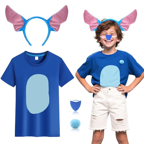 4-teiliges Tier-Kostüm-Set für Kinder, Cartoon-Kostüm-Set mit blauem T-Shirt, Stirnband, Nase, pelzigem Schwanz, niedliches Cosplay-Zubehör für Halloween, Party, Verkleidungstag, Karneval, Welttag des 4-teiliges Tier-Kostüm-Set für Kinder, Cartoon-Kostüm-Set mit blauem T-Shirt, Stirnband, Nase, pelzigem Schwanz, niedliches Cosplay-Zubehör für Halloween, Party, Verkleidungstag, Karneval, Welttag des von Dazzroi
