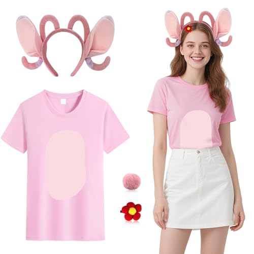 4-teiliges Tierkostüm-Set für Erwachsene, Cartoon-Kostüm-Set mit rosa T-Shirt-Stirnband, pelziger Schwanz, Blumen-Haarspange, niedliches Cosplay-Kostüm für Halloween, Party, Verkleidungstag, Karneval 4-teiliges Tierkostüm-Set für Erwachsene, Cartoon-Kostüm-Set mit rosa T-Shirt-Stirnband, pelziger Schwanz, Blumen-Haarspange, niedliches Cosplay-Kostüm für Halloween, Party, Verkleidungstag, Karneval von Dazzroi