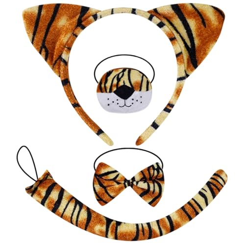 4-teiliges Tiger-Kostüm-Zubehör-Set, lustiges Cosplay-Set mit pelzigen Tigerohren, Stirnband, Nasenschwanz, Fliege, Tiger-Kostüm, Tierkostüm für Kinder und Erwachsene, Welttag des Buches, Halloween 4-teiliges Tiger-Kostüm-Zubehör-Set, lustiges Cosplay-Set mit pelzigen Tigerohren, Stirnband, Nasenschwanz, Fliege, Tiger-Kostüm, Tierkostüm für Kinder und Erwachsene, Welttag des Buches, Halloween von Dazzroi