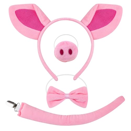 4-teiliges rosa Schweine-Kostüm-Zubehör-Set, lustiges Cosplay-Set mit pelzigen Schweineohren, Stirnband, Nasenschwanz, Fliege, rosa Schwein, Tierkostüm für Kinder und Erwachsene, Welttag des Buches 4-teiliges rosa Schweine-Kostüm-Zubehör-Set, lustiges Cosplay-Set mit pelzigen Schweineohren, Stirnband, Nasenschwanz, Fliege, rosa Schwein, Tierkostüm für Kinder und Erwachsene, Welttag des Buches von Dazzroi