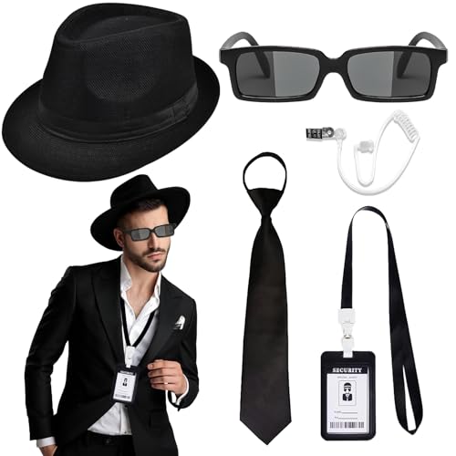 5-teiliges Agenten-Kostüm-Zubehör-Set für Erwachsene und Kinder, Geheimagentenkostüm-Set mit Hut, ID-Karte, gefälschter Ohrhörer, ZipTie schwarzer Rahmen, Sonnenbrille für Karneval, Halloween, Cosplay von Dazzroi