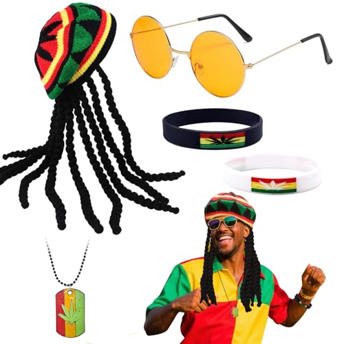 5-teiliges Rasta-Kostüm-Set, Rasta-Hut mit schwarzer geflochtener Perücke, orangefarbener Brille, Armband, Halskette, Karibik-Cosplay-Kostüm für Halloween, Party, Verkleidungstag 5-teiliges Rasta-Kostüm-Set, Rasta-Hut mit schwarzer geflochtener Perücke, orangefarbener Brille, Armband, Halskette, Karibik-Cosplay-Kostüm für Halloween, Party, Verkleidungstag von Dazzroi