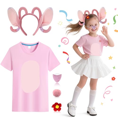 5-teiliges Tier-Kostüm-Set für Kinder, Cartoon-Kostüm-Set mit rosa T-Shirt, Stirnband, Nase, pelziger Schwanz, Blumen-Haarspange, niedliches Cosplay-Kostüm für Halloween, Party, Verkleidungstag 5-teiliges Tier-Kostüm-Set für Kinder, Cartoon-Kostüm-Set mit rosa T-Shirt, Stirnband, Nase, pelziger Schwanz, Blumen-Haarspange, niedliches Cosplay-Kostüm für Halloween, Party, Verkleidungstag von Dazzroi
