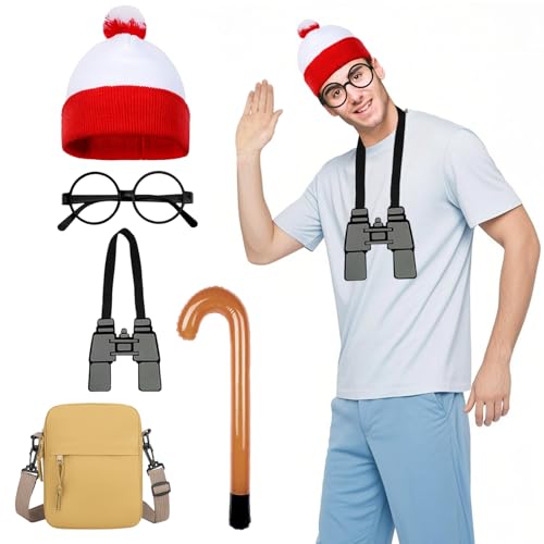 5-teiliges Wand-Kostüm-Zubehör-Set, Kostümzubehör mit rot-weißem Hut, schwarzer Brille, aufblasbarer Gehstock, Filz, Teleskop, Leinentasche für Weltbuchtag, Halloween, Cosplay, Verkleidungstag 5-teiliges Wand-Kostüm-Zubehör-Set, Kostümzubehör mit rot-weißem Hut, schwarzer Brille, aufblasbarer Gehstock, Filz, Teleskop, Leinentasche für Weltbuchtag, Halloween, Cosplay, Verkleidungstag von Dazzroi