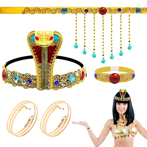 5Pcs Egyptian Costume Accessories Set, Include Cobra Headpiece Tassel Beaded Necklace Swirl Snake Armband Simulated Gemstone Bracelet, Ancient Egypt Dress Up for Women Vintage Party, Halloween Costume von Dazzroi