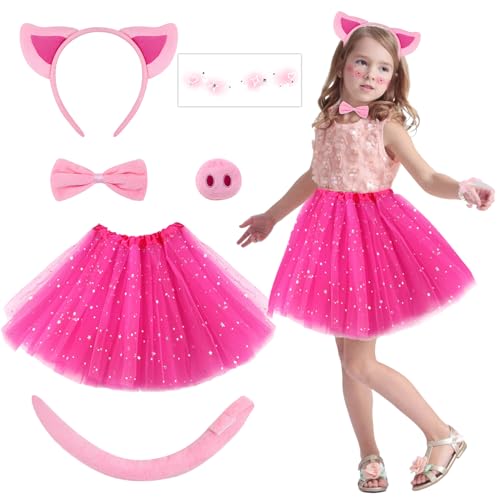6 Stück Kinder-Kostüm, inklusive Ohren, Stirnband, Schwanz, Fliege, Tutu, Gesicht, Aufkleber für Welttag des Buches, Verkleidungstag, Geburtstag, Karneval (Schwein) von Dazzroi