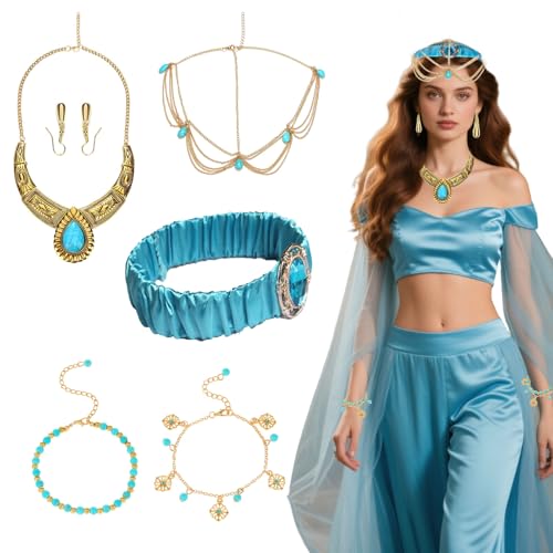 6pcs Jasmine Princess Costume Set, Fancy Dress Set with Sapphire Headband Blue Turquoise Forehead Necklace 2pcs Blue Turquoise Bracelets Blue Turquoise Necklace A Pair Of Gold Earrings for Cosplay 6pcs Jasmine Princess Costume Set, Fancy Dress Set with Sapphire Headband Blue Turquoise Forehead Necklace 2pcs Blue Turquoise Bracelets Blue Turquoise Necklace A Pair Of Gold Earrings for Cosplay von Dazzroi