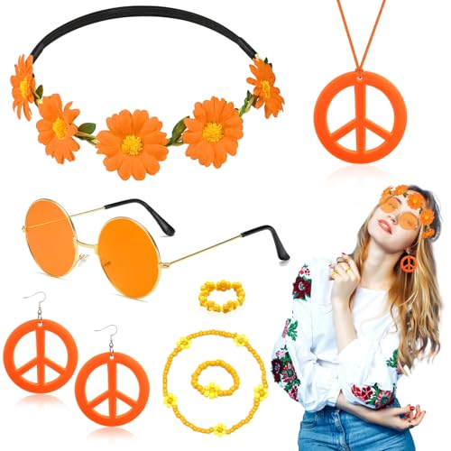 7 Pcs Hippie Costume Accessories Set for Women, 60s 70s Dressing Accessory with Peace Sign Necklace Earring Flower Crown Headband Bracelet Ring Sunglasses Retro Deco for Dress Up von Dazzroi