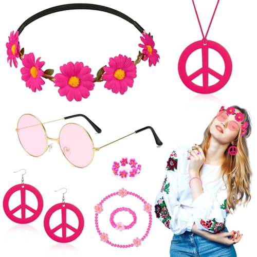 7 Pcs Hippie Costume Accessories Set for Women, 60s 70s Dressing Accessory with Peace Sign Necklace Earring Flower Crown Headband Bracelet Ring Sunglasses Retro Deco for Dress Up von Dazzroi
