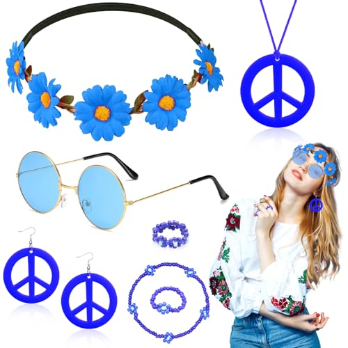 7 Pcs Hippie Costume Accessories Set for Women, 60s 70s Dressing Accessory with Peace Sign Necklace Earring Flower Crown Headband Bracelet Ring Sunglasses Retro Deco for Dress Up von Dazzroi