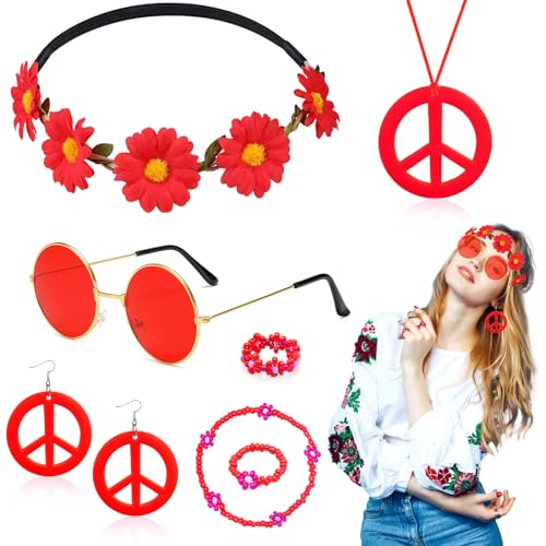 7 Pcs Hippie Costume Accessories Set for Women, 60s 70s Dressing Accessory with Peace Sign Necklace Earring Flower Crown Headband Bracelet Ring Sunglasses Retro Deco for Dress Up von Dazzroi