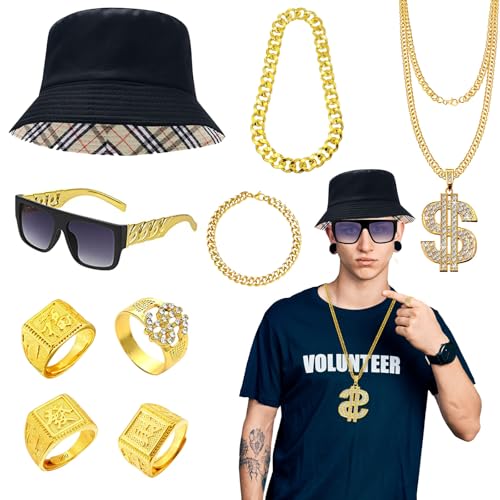 8-teiliges Hip-Hop-Kostümzubehör-Set, 80er/90er Jahre, klobiges Rapper-Rocker-Kostümset mit Dollarzeichen-Ring, Halskette, Armband, Brille für Männer und Frauen, Disco-Mottoparty, Ankleideparty 8-teiliges Hip-Hop-Kostümzubehör-Set, 80er/90er Jahre, klobiges Rapper-Rocker-Kostümset mit Dollarzeichen-Ring, Halskette, Armband, Brille für Männer und Frauen, Disco-Mottoparty, Ankleideparty von Dazzroi