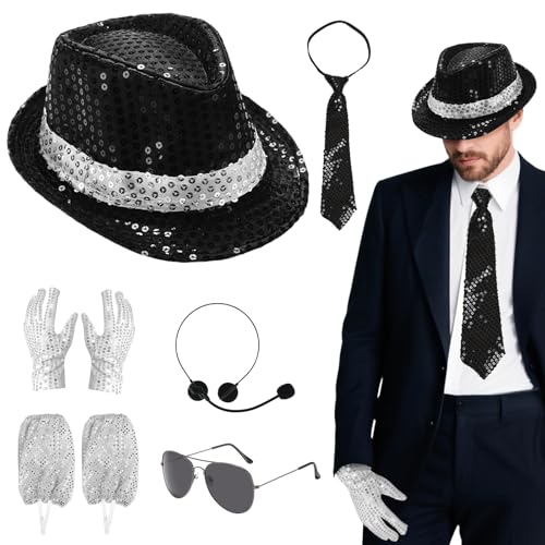 8-teiliges MJ Kostümzubehör, 80er Jahre Tänzerin Rocker Star Cosplay Set mit Jazz Pailletten Hut Handschuhe Socken Kopf Mikrofon Krawatte Sonnenbrille King of Pop Verkleidung Set für 80 Mottoparty 8-teiliges MJ Kostümzubehör, 80er Jahre Tänzerin Rocker Star Cosplay Set mit Jazz Pailletten Hut Handschuhe Socken Kopf Mikrofon Krawatte Sonnenbrille King of Pop Verkleidung Set für 80 Mottoparty von Dazzroi