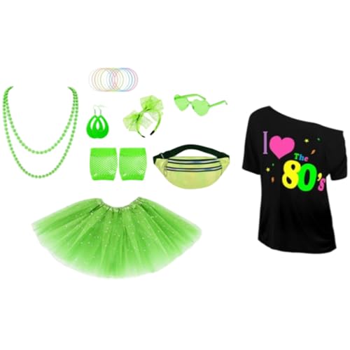 80er Jahre Kostüm Zubehör für Damen, 9-teiliges Retro-Kostüm-Set beinhaltet schulterfreies T-Shirt, Tasche, Halskette, Stirnband, Ohrringe, Armband, Netzhandschuhe, Brille, Tutu, Rock für 80er Jahre Kostüm Zubehör für Damen, 9-teiliges Retro-Kostüm-Set beinhaltet schulterfreies T-Shirt, Tasche, Halskette, Stirnband, Ohrringe, Armband, Netzhandschuhe, Brille, Tutu, Rock für von Dazzroi