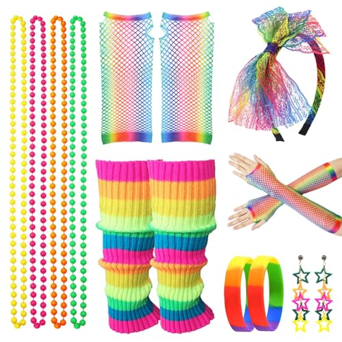 80er-Jahre-Kostüm-Zubehör für Damen und Mädchen, 6-teiliges Neon-Party-Set mit Spitzen-Stirnband, Ohrringen, Halsketten, Armbändern, Netzhandschuhen, Beinstulpen für Verkleidungstag, von Dazzroi