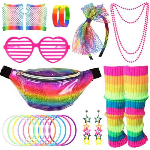 80er-Jahre-Kostüm-Zubehör für Damen und Mädchen, 9-teiliges Regenbogen-Zubehör-Set mit Spitzen-Stirnband, Ohrringen, Halskette, Armbändern, Hüfttasche, Fischnetzhandschuhen, Beinstulpen für 80er-Jahre-Kostüm-Zubehör für Damen und Mädchen, 9-teiliges Regenbogen-Zubehör-Set mit Spitzen-Stirnband, Ohrringen, Halskette, Armbändern, Hüfttasche, Fischnetzhandschuhen, Beinstulpen für von Dazzroi
