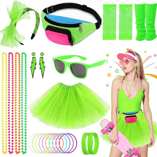 80er Jahre Kostümzubehör-Set für Damen, 26-teiliges Party-Kostüm inklusive Bauchtasche, Tutu, Rock, Beinwärmer, Ohrringe, Netzhandschuhe, Halskette, Brille, Armband, Stirnband, Neonoutfit für 80er Jahre Kostümzubehör-Set für Damen, 26-teiliges Party-Kostüm inklusive Bauchtasche, Tutu, Rock, Beinwärmer, Ohrringe, Netzhandschuhe, Halskette, Brille, Armband, Stirnband, Neonoutfit für von Dazzroi