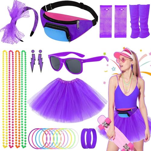 80er Jahre Kostümzubehör-Set für Damen, 26-teiliges Party-Kostüm inklusive Bauchtasche, Tutu, Rock, Beinwärmer, Ohrringe, Netzhandschuhe, Halskette, Brille, Armband, Stirnband, Neonoutfit für von Dazzroi