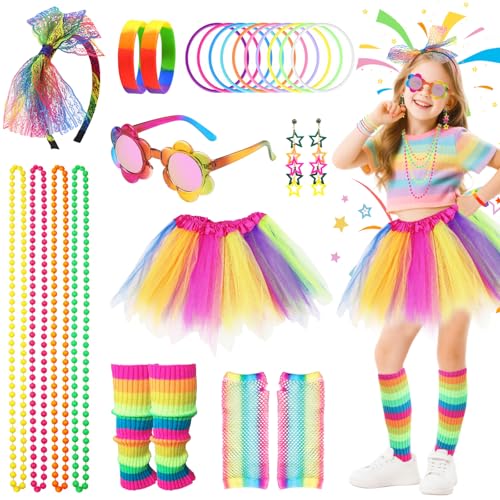 80er Jahre Kostümzubehör-Set für Mädchen, 9-teiliges Regenbogen-Kostüm-Zubehör mit Tutu-Rock, Beinwärmern, Ohrringen, Fischnetzhandschuhen, Halsketten, Brillen, Armbändern, Stirnband, Neon-Outfit für von Dazzroi
