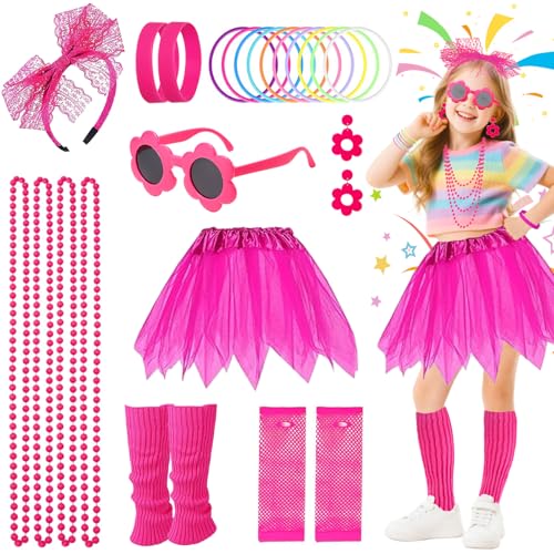 80er Jahre Kostümzubehör-Set für Mädchen, 9-teiliges rosafarbenes Kostümzubehör mit Tutu-Rock, Beinwärmern, Ohrringen, Netzhandschuhen, Halsketten, Brillen, Armbändern, Stirnband, Neonoutfit für 80er Jahre Kostümzubehör-Set für Mädchen, 9-teiliges rosafarbenes Kostümzubehör mit Tutu-Rock, Beinwärmern, Ohrringen, Netzhandschuhen, Halsketten, Brillen, Armbändern, Stirnband, Neonoutfit für von Dazzroi