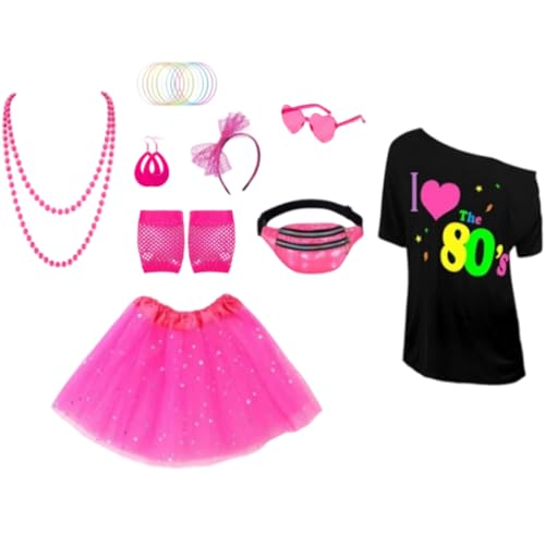 80er Jahre Kostümzubehör für Damen, 9-teiliges Retro-Kostüm-Set enthält schulterfreies T-Shirt, Tasche, Halskette, Stirnband, Ohrringe, Armband, Netzhandschuhe, Brille, Tutu, Rock für 80er Jahre Kostümzubehör für Damen, 9-teiliges Retro-Kostüm-Set enthält schulterfreies T-Shirt, Tasche, Halskette, Stirnband, Ohrringe, Armband, Netzhandschuhe, Brille, Tutu, Rock für von Dazzroi