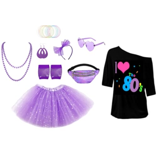 80er Jahre Kostümzubehör für Damen, 9-teiliges Retro-Kostüm-Set enthält schulterfreies T-Shirt, Tasche, Halskette, Stirnband, Ohrringe, Armband, Netzhandschuhe, Brille, Tutu, Rock für 80er Jahre Kostümzubehör für Damen, 9-teiliges Retro-Kostüm-Set enthält schulterfreies T-Shirt, Tasche, Halskette, Stirnband, Ohrringe, Armband, Netzhandschuhe, Brille, Tutu, Rock für von Dazzroi