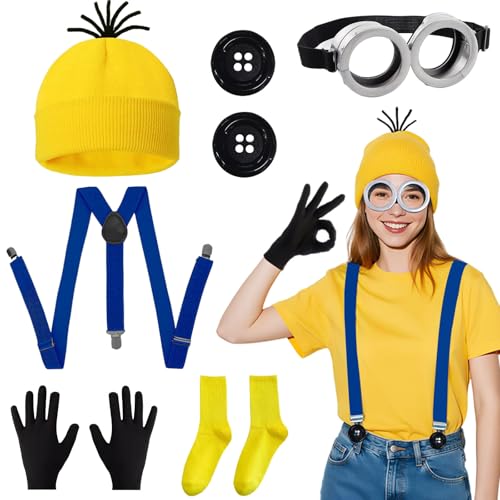 Cosplay-Kostüm-Zubehör-Set mit Strickmütze, grau, Steampunk-Brille, schwarze Handschuhe, Knöpfe, gelbe Socken, blauer Riemen, für Halloween, Cosplay, Party, Karneval, Weltbuchtag, 6-teilig von Dazzroi