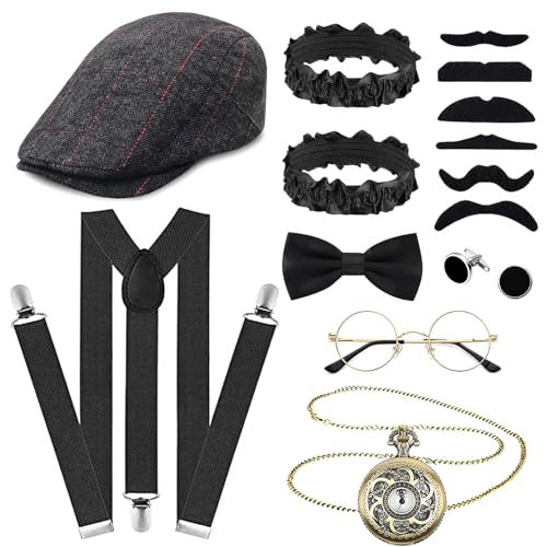 Dazzroi 1920s Mens Costume Accessories Set for Adult, Roaring Retro 20s Gatsby Gangster Costume Outfit with Vest Fedora Hat Pocket Watch Tie Suspenders for Party Supplies von Dazzroi