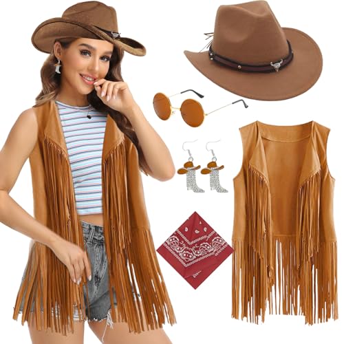Dazzroi 5-teiliges Western-Cowgirl-Zubehör-Set für Damen, 70er-Jahre Hippie-Kostüm-Set mit Cowboyhut, Quaste, Weste, runder Sonnenbrille, Ohrringen, Schal, Retro-Hippie-Outfits für Hippie-Mottoparty Dazzroi 5-teiliges Western-Cowgirl-Zubehör-Set für Damen, 70er-Jahre Hippie-Kostüm-Set mit Cowboyhut, Quaste, Weste, runder Sonnenbrille, Ohrringen, Schal, Retro-Hippie-Outfits für Hippie-Mottoparty von Dazzroi
