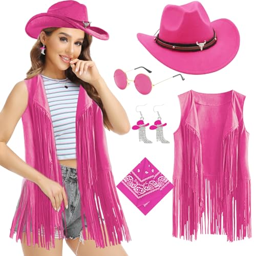 Dazzroi 5-teiliges Western-Cowgirl-Zubehör-Set für Damen, 70er-Jahre Hippie-Kostüm-Set mit Cowboyhut, Quaste, Weste, runder Sonnenbrille, Ohrringen, Schal, Retro-Hippie-Outfits für Hippie-Mottoparty Dazzroi 5-teiliges Western-Cowgirl-Zubehör-Set für Damen, 70er-Jahre Hippie-Kostüm-Set mit Cowboyhut, Quaste, Weste, runder Sonnenbrille, Ohrringen, Schal, Retro-Hippie-Outfits für Hippie-Mottoparty von Dazzroi