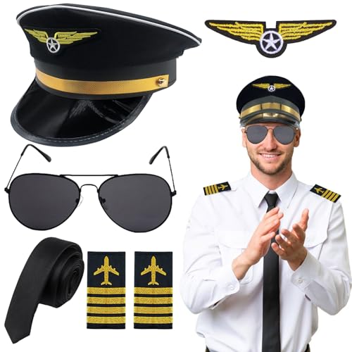 Dazzroi 5pcs Captain Pilot Costume Kit, Airline Pilot Fancy Dress Accessories Set with Captain Hat Armband Sunglasses Tie Shoulder Straps, for Adults Teens Captain Party Cosplay Supplies von Dazzroi