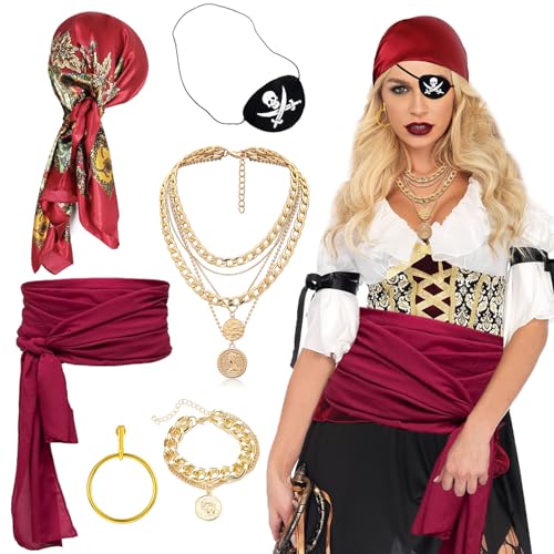 Dazzroi 6-teiliges Piratenkostüm-Zubehörset für Damen, Piraten-Rollenspiel-Outfit mit Piratenkopftuch, Schärpe, Gürtel, Ohrringen, Augenklappe, Halskette und Armband für Halloween-Partys, Maskeraden von Dazzroi