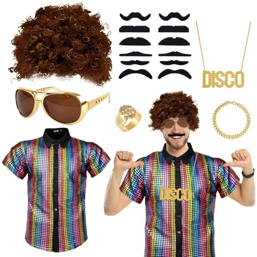 Dazzroi 7-teiliges Disco-Kostüm-Set für Herren, 70er-Jahre Disco-Kostüm, mit glänzendem Regenbogen-Kurzarm-Shirt, Afro-Hippie-Perücke, Halskette, Armband, Ring, gefälschter Schnurrbart, Sonnenbrille Dazzroi 7-teiliges Disco-Kostüm-Set für Herren, 70er-Jahre Disco-Kostüm, mit glänzendem Regenbogen-Kurzarm-Shirt, Afro-Hippie-Perücke, Halskette, Armband, Ring, gefälschter Schnurrbart, Sonnenbrille von Dazzroi