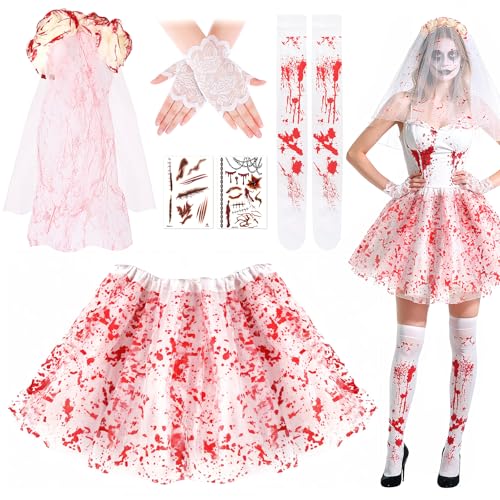 Dazzroi 8-teiliges Geisterbraut-Kostüm-Set für Frauen, Braut-Kostüm-Zubehör mit Blutgaze Rock, kniehohe Socken, Tattoo-Aufkleber, Spitzenhandschuhe für Halloween-Party Dazzroi 8-teiliges Geisterbraut-Kostüm-Set für Frauen, Braut-Kostüm-Zubehör mit Blutgaze Rock, kniehohe Socken, Tattoo-Aufkleber, Spitzenhandschuhe für Halloween-Party von Dazzroi