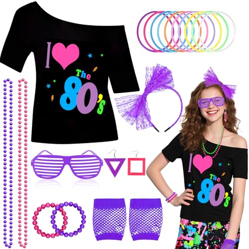 Dazzroi 80er-Jahre-Kostüm-Zubehör für Damen, Retro-Kostüm-Set mit schulterfreiem T-Shirt, Halskette, Stirnband, Ohrringen, Armband, Netzhandschuhen, Brille für 80er-Jahre-Motto-Party, Verkleiden (blau Dazzroi 80er-Jahre-Kostüm-Zubehör für Damen, Retro-Kostüm-Set mit schulterfreiem T-Shirt, Halskette, Stirnband, Ohrringen, Armband, Netzhandschuhen, Brille für 80er-Jahre-Motto-Party, Verkleiden (blau von Dazzroi