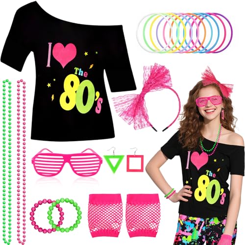 Dazzroi 80er Jahre Kostümzubehör für Damen, Retro-Kostüm-Set beinhaltet schulterfreies T-Shirt, Halskette, Stirnband, Ohrringe, Armband, Netzhandschuhe, Brille für 80er-Jahre-Mottoparty (gelb + grün Dazzroi 80er Jahre Kostümzubehör für Damen, Retro-Kostüm-Set beinhaltet schulterfreies T-Shirt, Halskette, Stirnband, Ohrringe, Armband, Netzhandschuhe, Brille für 80er-Jahre-Mottoparty (gelb + grün von Dazzroi
