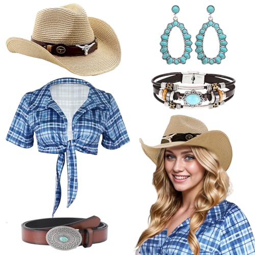 Dazzroi Cowgirl-Outfits für Damen, Western-Hippie-Kostüm-Set mit Cowgirl-Hüten, Ohrringen, Gürtel, Armband, Hemd (Blau, XXL), 5-teilig von Dazzroi