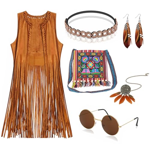 Dazzroi Deguisement Hippie Femme, Annee 70 Gilet à Franges Sans Manches Disco Kits De Déguisement, Hippiques Ensemble Tenue Annee 70s 80s Femme Accessoires pour Carnaval Halloween Tenue Festival von Dazzroi
